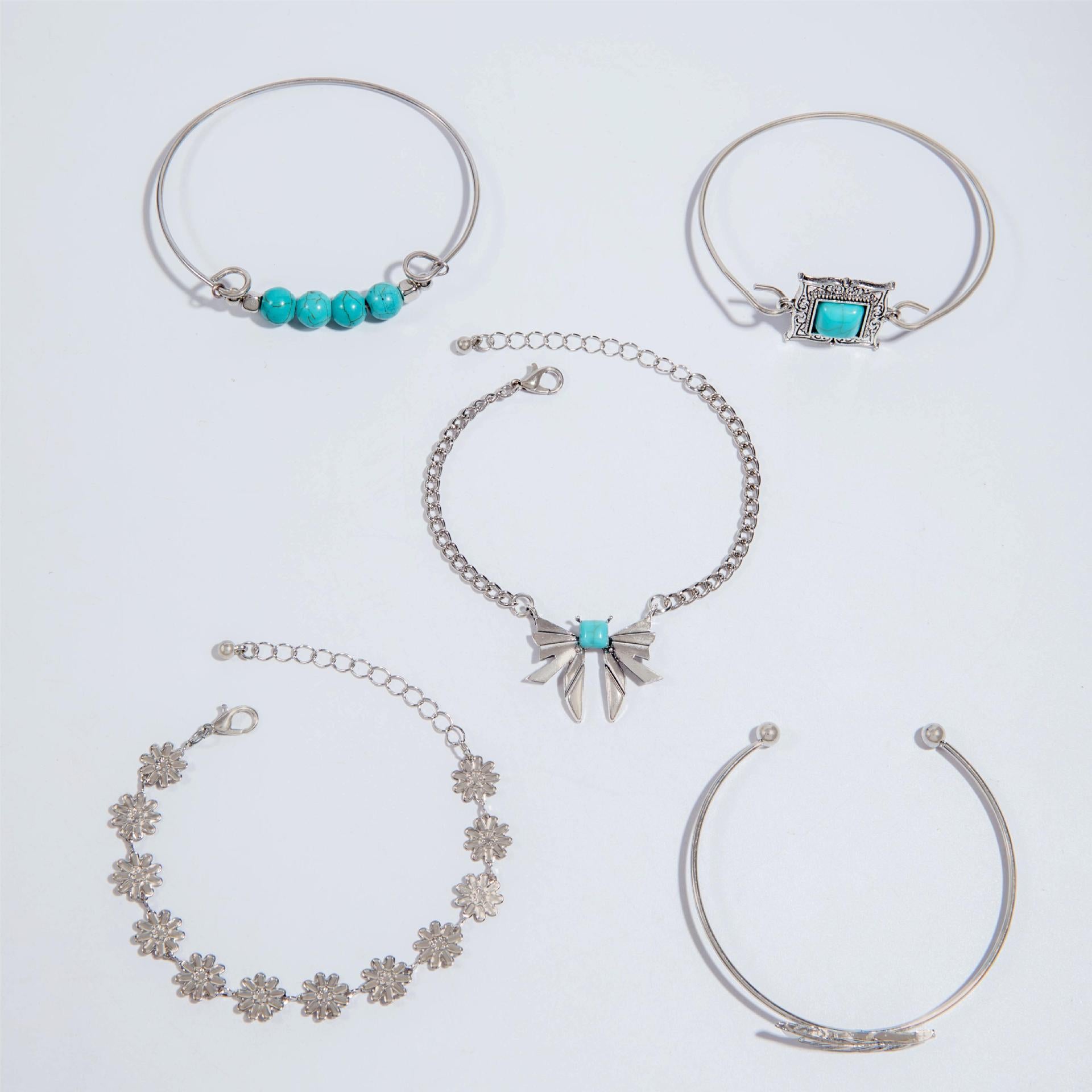 Wholesale Bohemian Set Turquoise Leaf Bracelet Ethnic Bow Flower Turquoise Bracelet suit